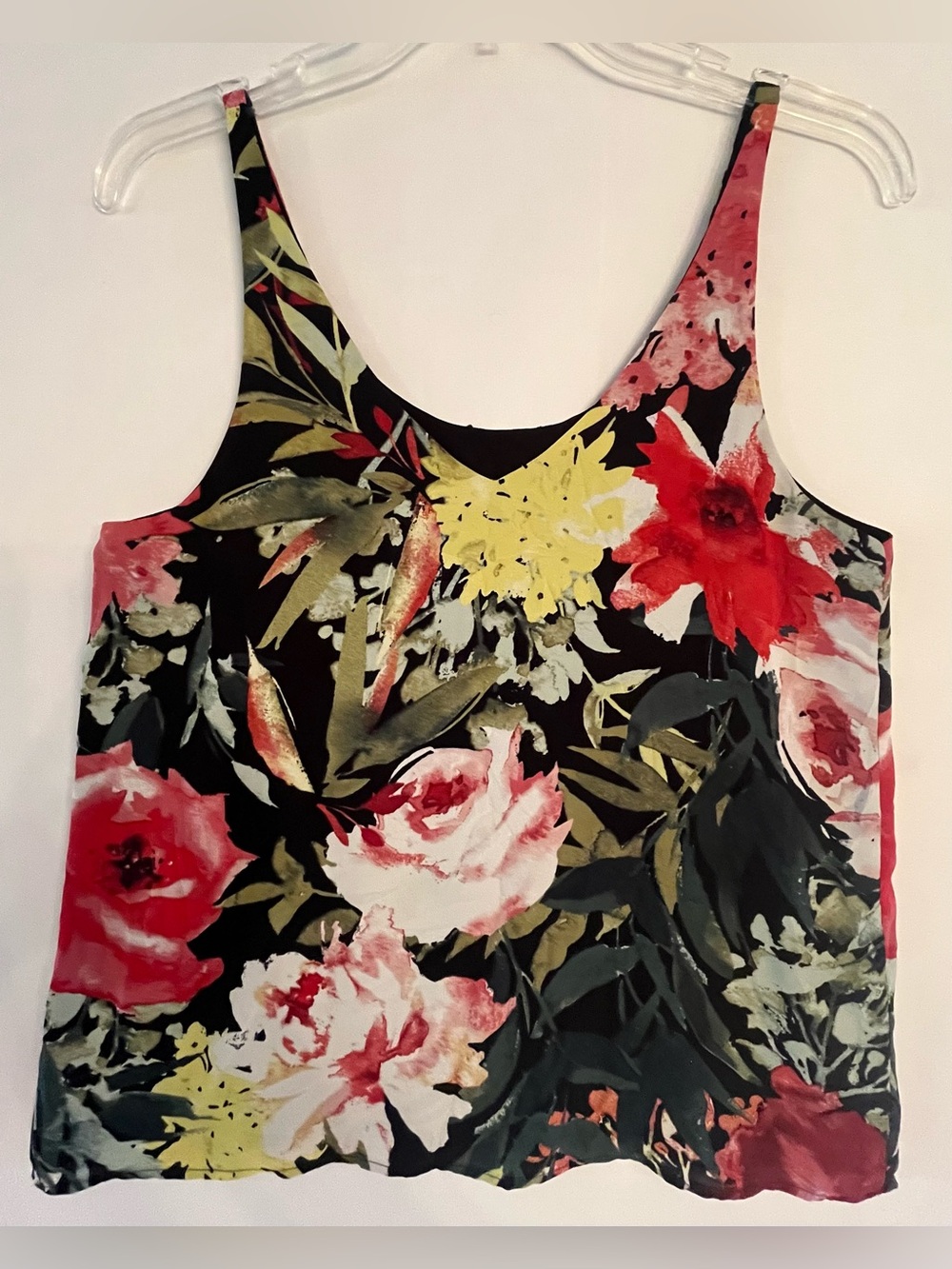 Dark Floral Watercolor Cami Top V-Neck Sleeveless Blouse
